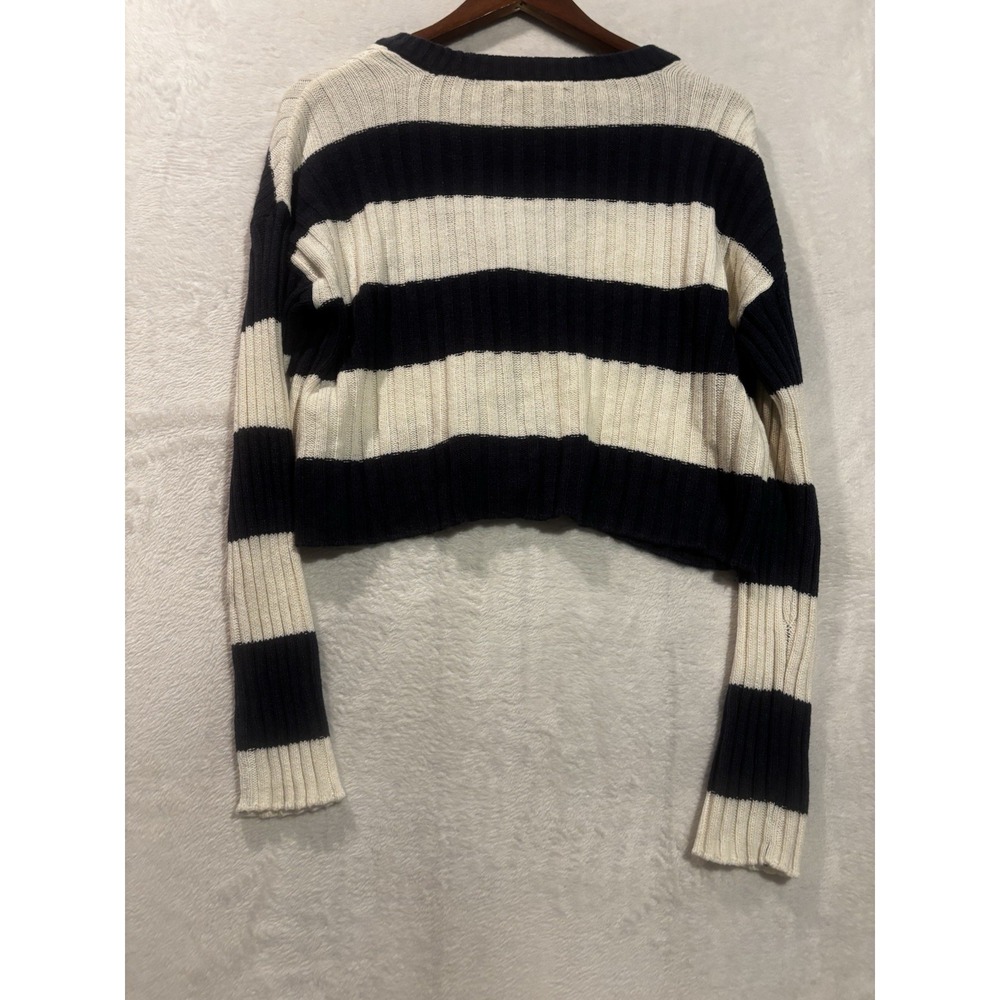 American Eagle Crop Cardigan Sweater Women's S Blue White Chunky Ribbed Striped‎ - Picture 9 of 10
